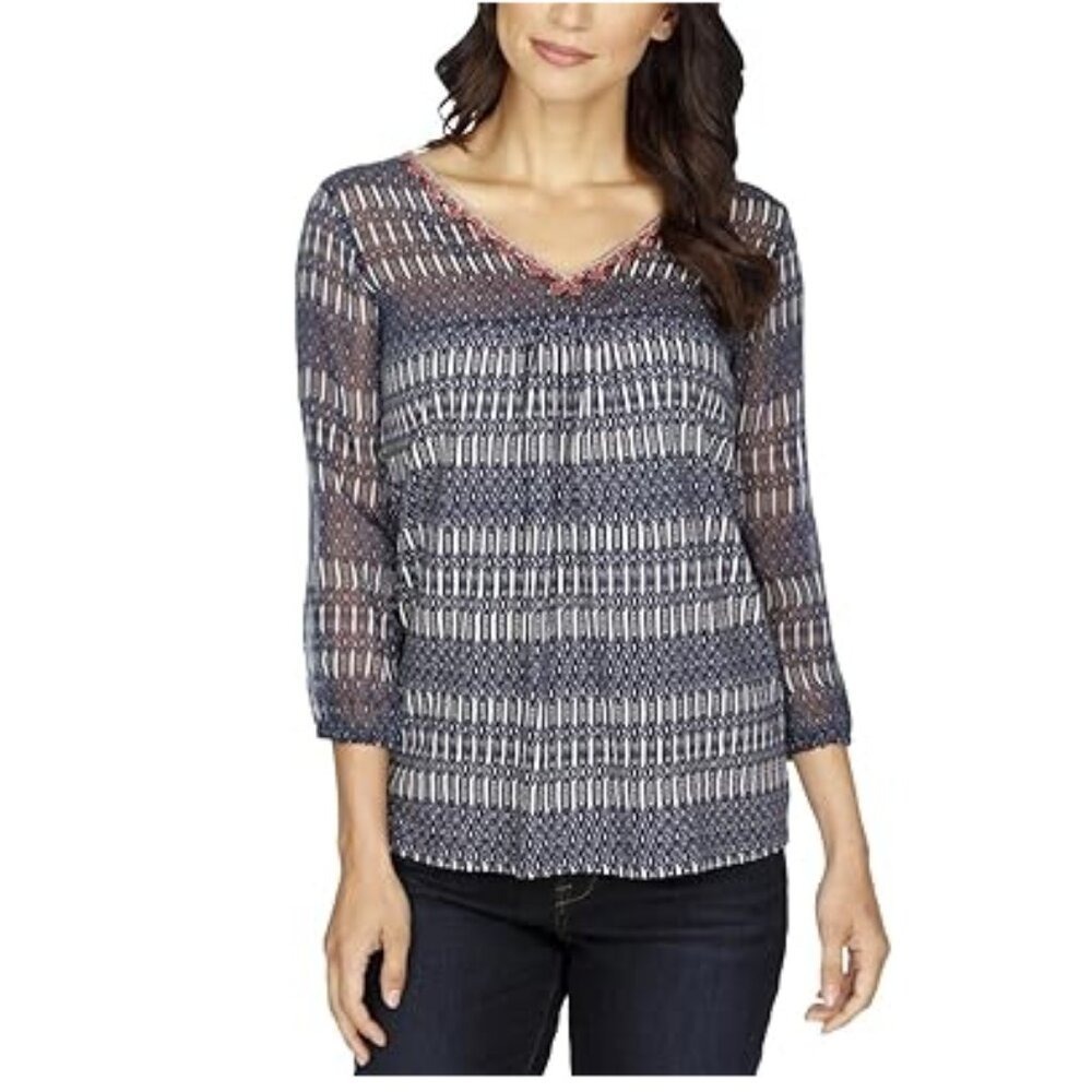 Lucky Brand Blue White Double V Neck Ultra Soft Comfy Boho Blouse XL
